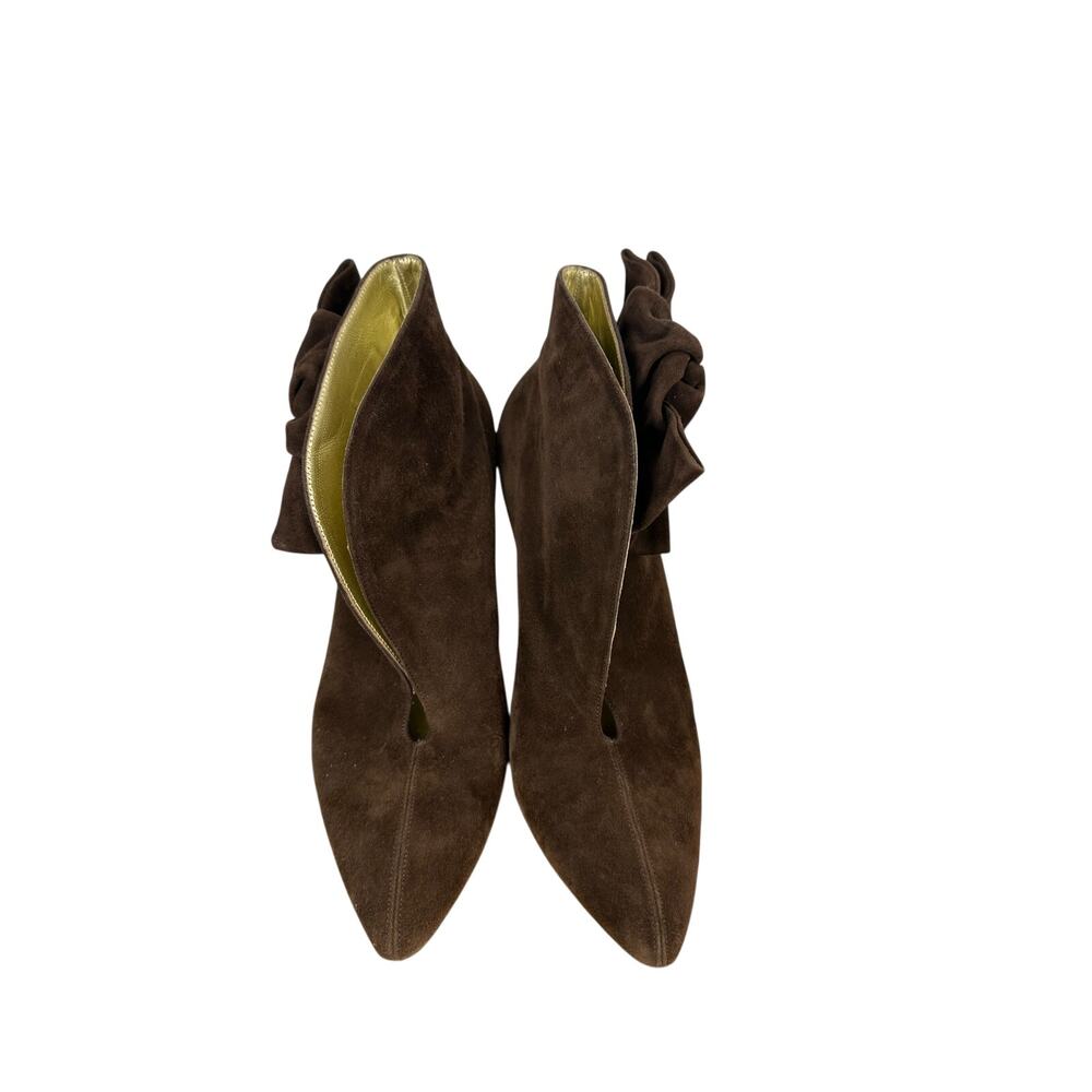 Bettye Muller Italy Brown Suede Ruffle Kitten Heel Pointed Toe Booties 38.5 8
